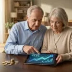 Un couple de retraités consulte un graphique de rendement financier sur une tablette numérique.