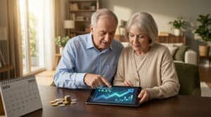 Un couple de retraités consulte un graphique de rendement financier sur une tablette numérique.