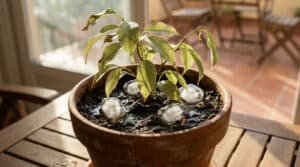Un petit ficus dans un pot en terre cuite avec des glaçons posés sur la terre humide.