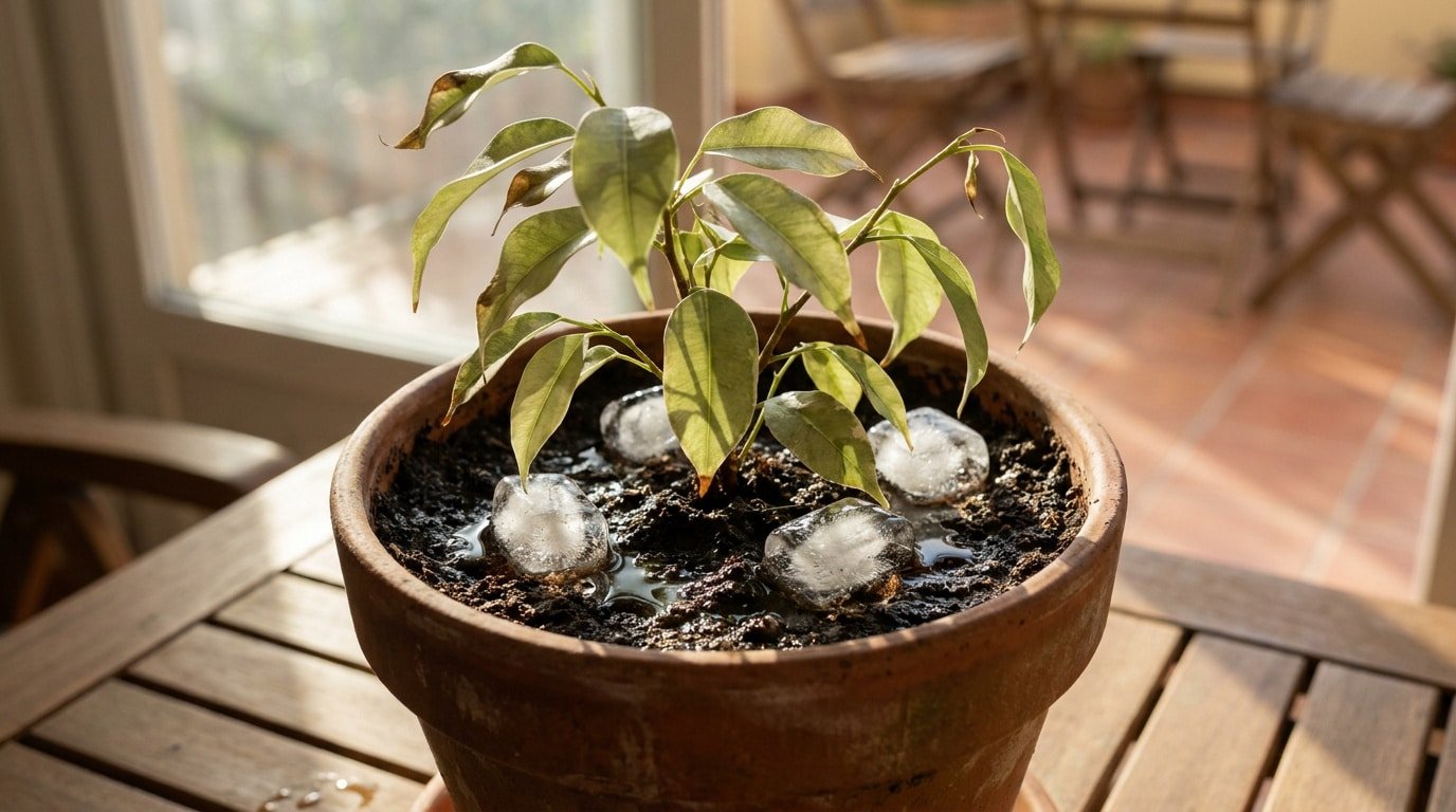 Un petit ficus dans un pot en terre cuite avec des glaçons posés sur la terre humide.