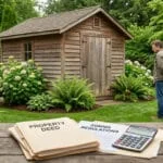 Un homme regarde son abri de jardin avec des dossiers de propriété et un calculateur au premier plan.
