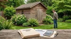 Un homme regarde son abri de jardin avec des dossiers de propriété et un calculateur au premier plan.
