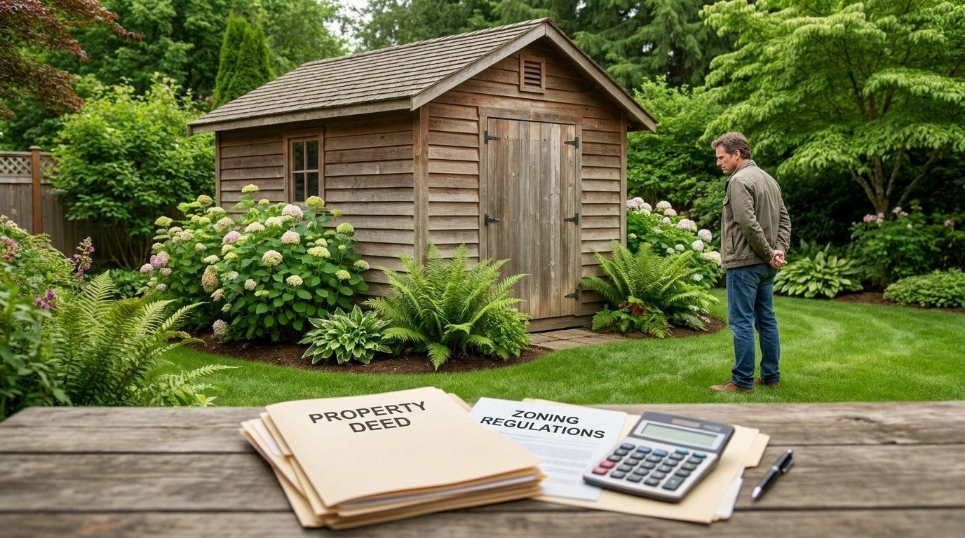 Un homme regarde son abri de jardin avec des dossiers de propriété et un calculateur au premier plan.