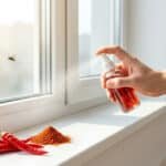 Une main vaporise un répulsif naturel près d'une fenêtre où se trouvent des piments de Cayenne et une mouche.