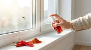 Une main vaporise un répulsif naturel près d'une fenêtre où se trouvent des piments de Cayenne et une mouche.