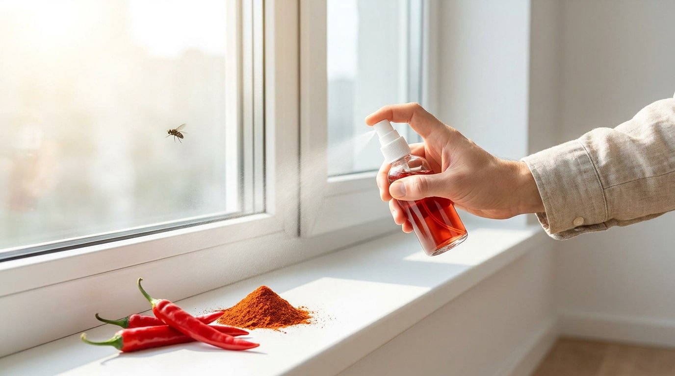 Une main vaporise un répulsif naturel près d'une fenêtre où se trouvent des piments de Cayenne et une mouche.