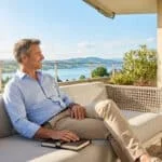 Un homme souriant assis sur une terrasse ensoleillée avec vue sur un lac, symbolisant une retraite sereine.