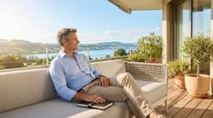 Un homme souriant assis sur une terrasse ensoleillée avec vue sur un lac, symbolisant une retraite sereine.