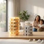 Deux tours de blocs, l'une dorée et l'autre argentée, sur une table devant une famille floue dans un salon.