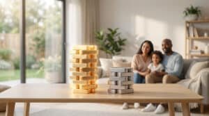 Deux tours de blocs, l'une dorée et l'autre argentée, sur une table devant une famille floue dans un salon.