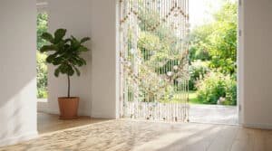 Un rideau de perles en bois et nacre suspendu devant une porte-fenêtre ouverte donnant sur un jardin ensoleillé.