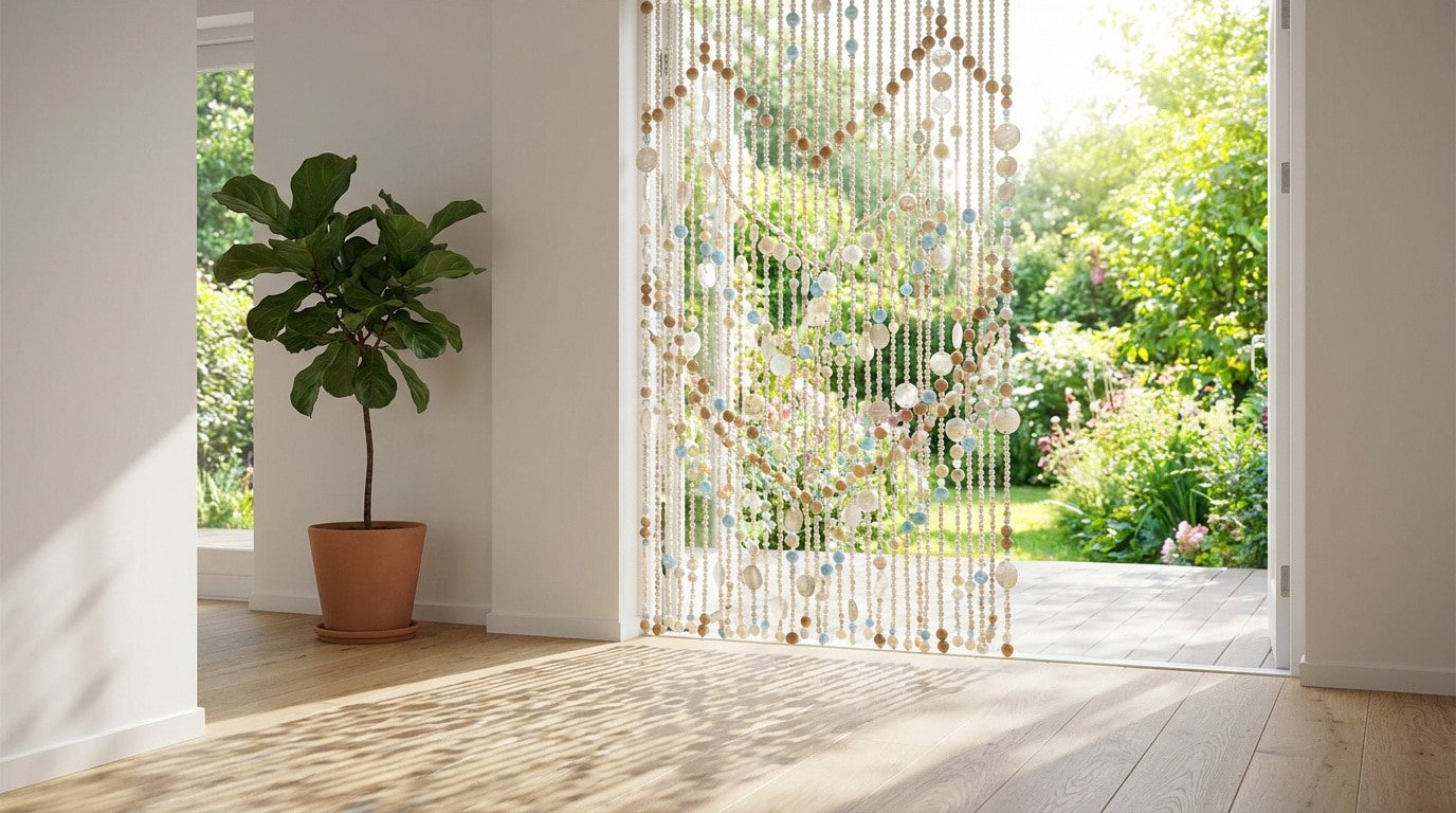 Un rideau de perles en bois et nacre suspendu devant une porte-fenêtre ouverte donnant sur un jardin ensoleillé.