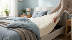 Une personne soulève et fait pivoter un matelas blanc sur un lit dans une chambre lumineuse et moderne.