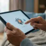 Personne âgée utilisant une tablette affichant une alerte de sécurité et un cadenas numérique.