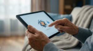 Personne âgée utilisant une tablette affichant une alerte de sécurité et un cadenas numérique.