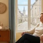 Une femme âgée assise dans un fauteuil devant une fenêtre, regardant une rue de village français.