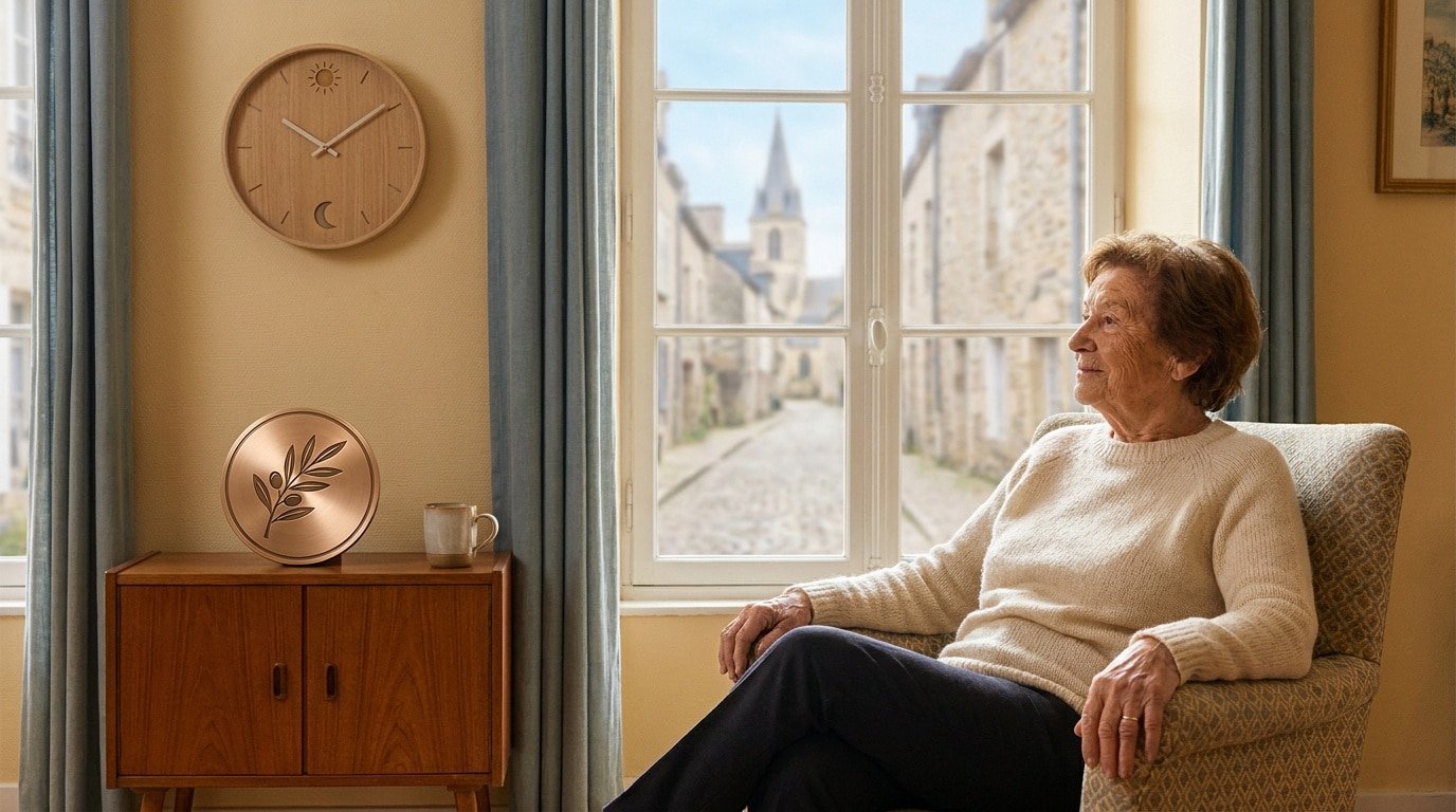 Une femme âgée assise dans un fauteuil devant une fenêtre, regardant une rue de village français.