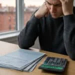 Un homme inquiet assis devant des documents administratifs et une calculatrice affichant un chiffre négatif.