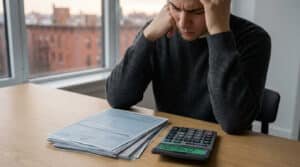 Un homme inquiet assis devant des documents administratifs et une calculatrice affichant un chiffre négatif.