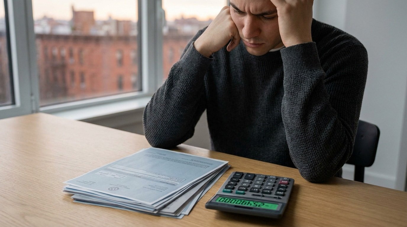 Un homme inquiet assis devant des documents administratifs et une calculatrice affichant un chiffre négatif.