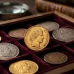 Pièces de monnaie anciennes en or et argent disposées dans un coffret en velours avec une loupe et des livres.