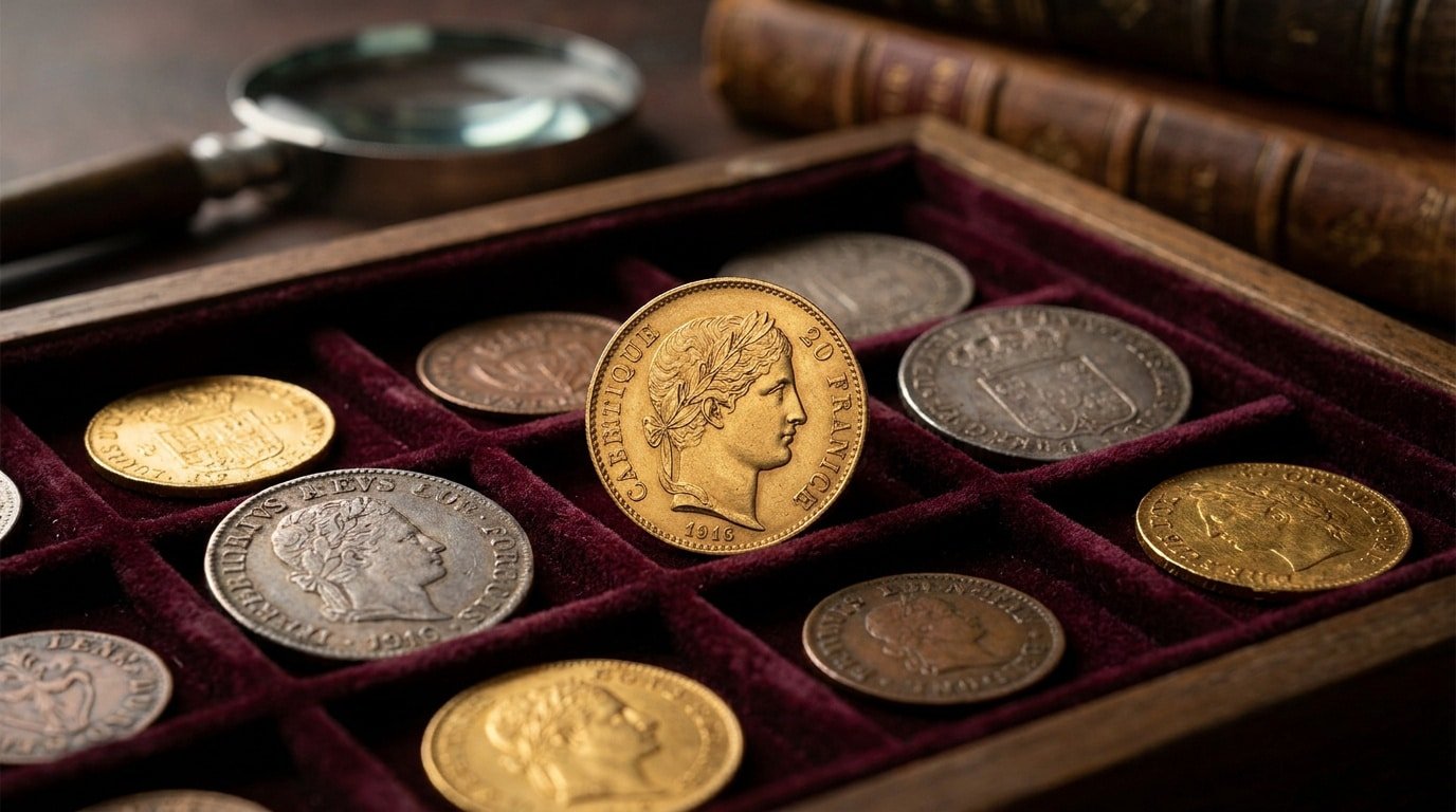 Pièces de monnaie anciennes en or et argent disposées dans un coffret en velours avec une loupe et des livres.