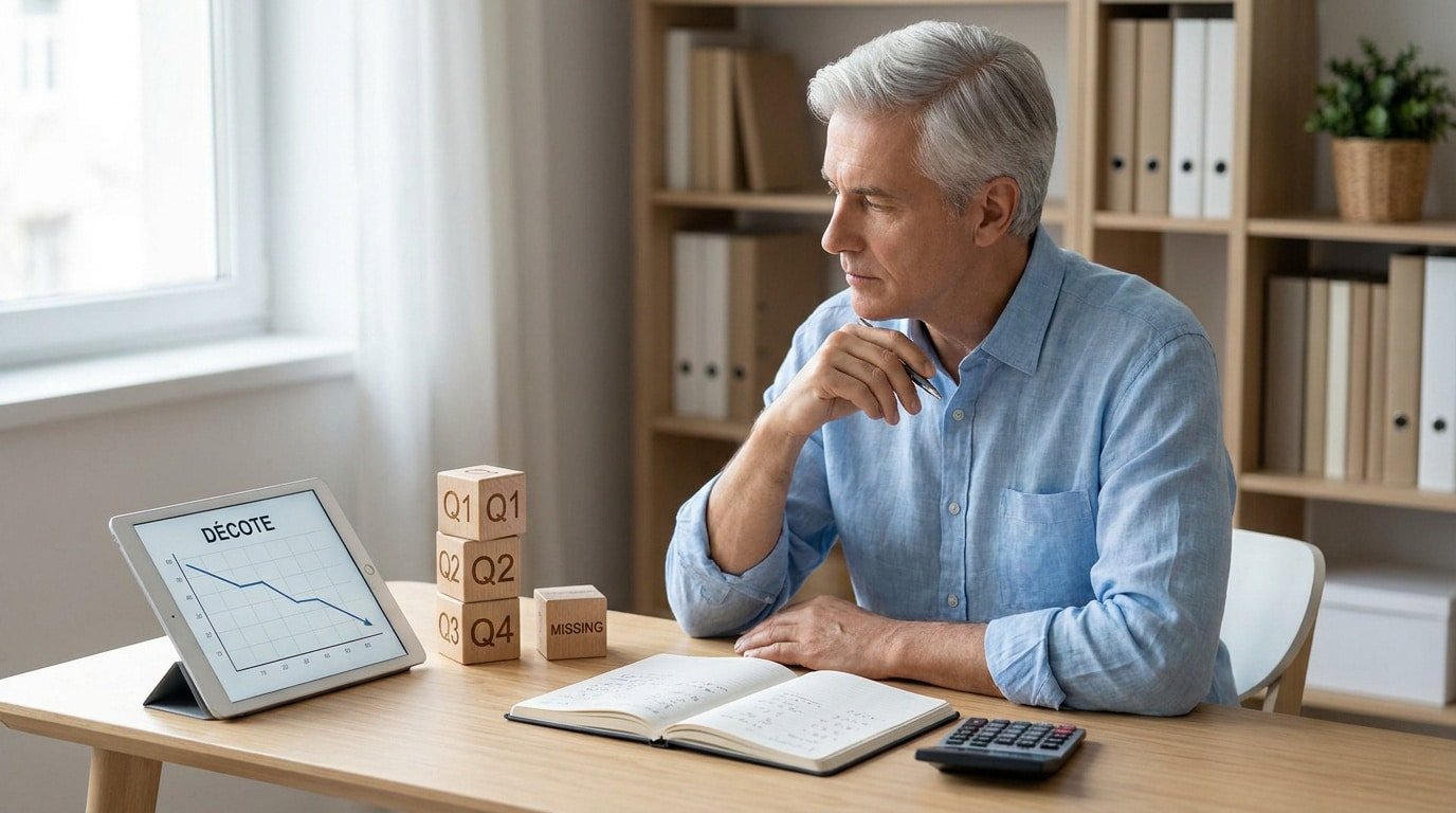 Un homme d'âge mûr réfléchit devant une tablette affichant une courbe de décote et des cubes symbolisant les trimestres.