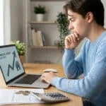 Jeune homme concentré travaillant sur un ordinateur portable pour planifier ses finances et sa retraite.