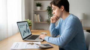 Jeune homme concentré travaillant sur un ordinateur portable pour planifier ses finances et sa retraite.