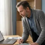 Un homme d'âge mûr travaille sur un ordinateur et une tablette dans un bureau lumineux avec une vue sur la ville.