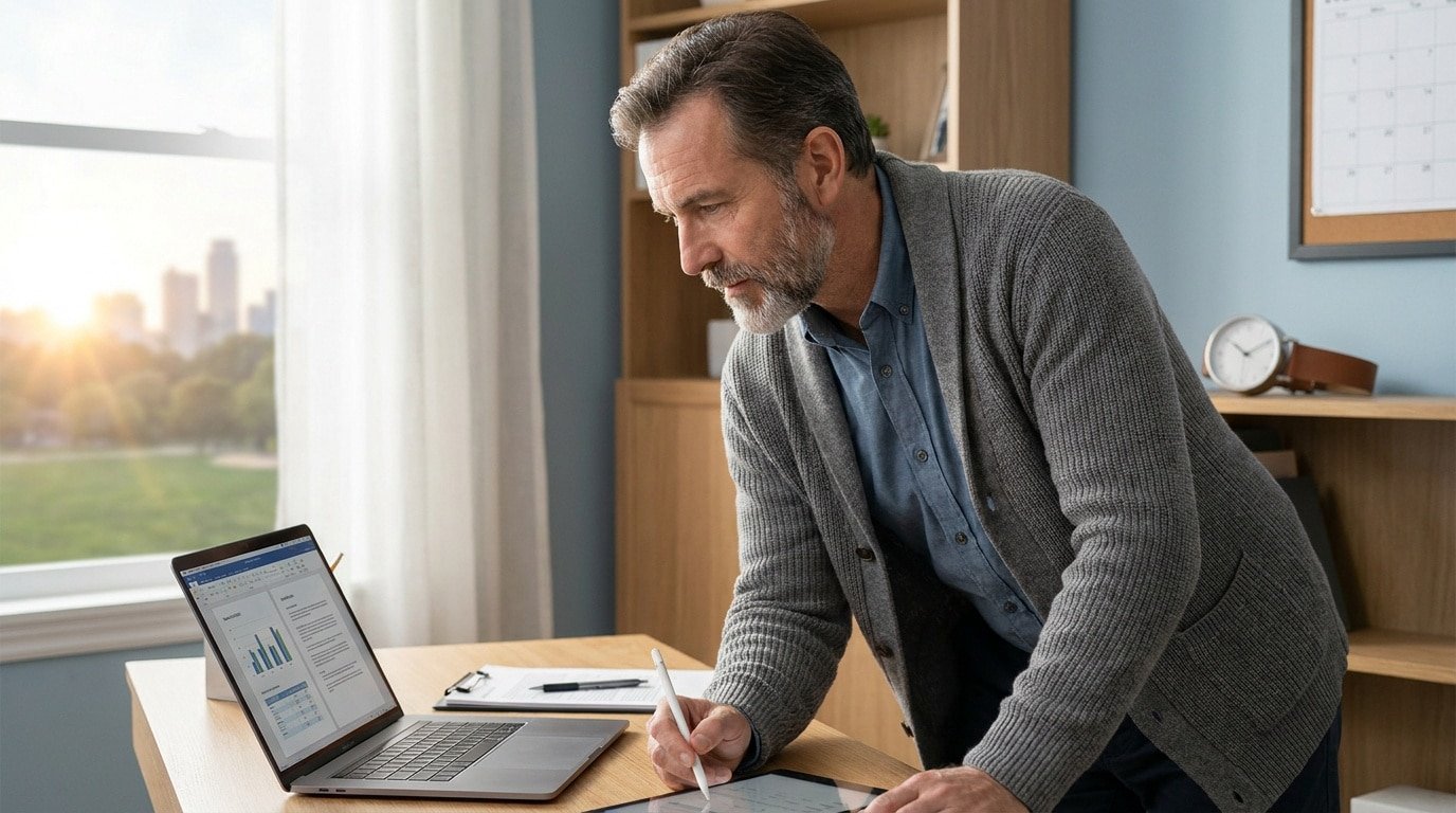 Un homme d'âge mûr travaille sur un ordinateur et une tablette dans un bureau lumineux avec une vue sur la ville.