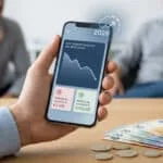 Une main tient un smartphone affichant un graphique de solde bancaire en baisse avec des icônes d'épargne en euros.
