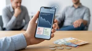 Une main tient un smartphone affichant un graphique de solde bancaire en baisse avec des icônes d'épargne en euros.