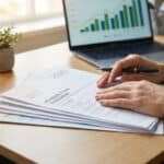 Mains tenant un stylo au-dessus d'un document intitulé "Pension Fund Statement 2026" sur un bureau.