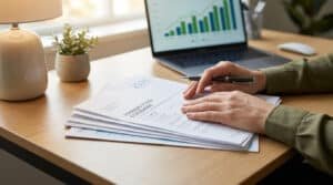 Mains tenant un stylo au-dessus d'un document intitulé "Pension Fund Statement 2026" sur un bureau.