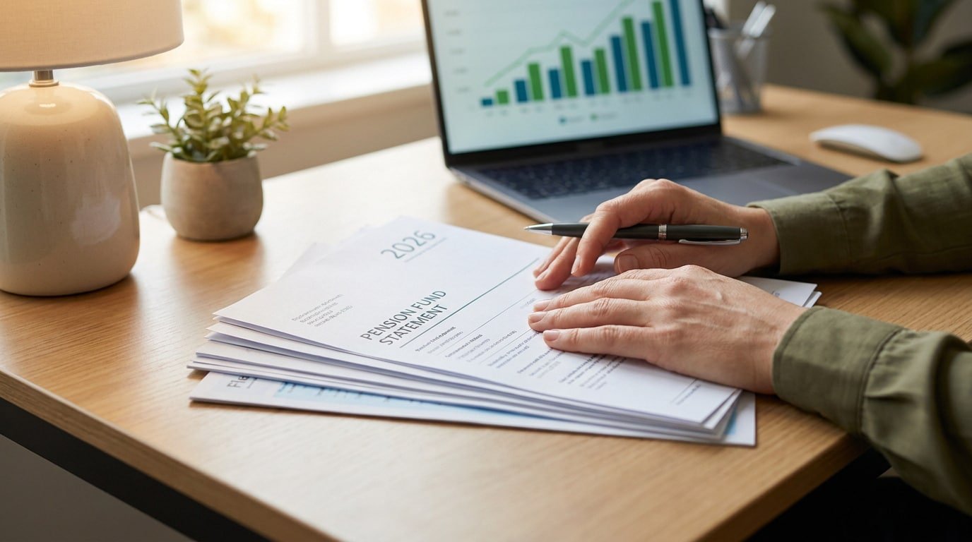 Mains tenant un stylo au-dessus d'un document intitulé "Pension Fund Statement 2026" sur un bureau.