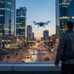 Agent de police surveillant une rue animée avec un drone technologique au coucher du soleil.