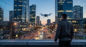 Agent de police surveillant une rue animée avec un drone technologique au coucher du soleil.