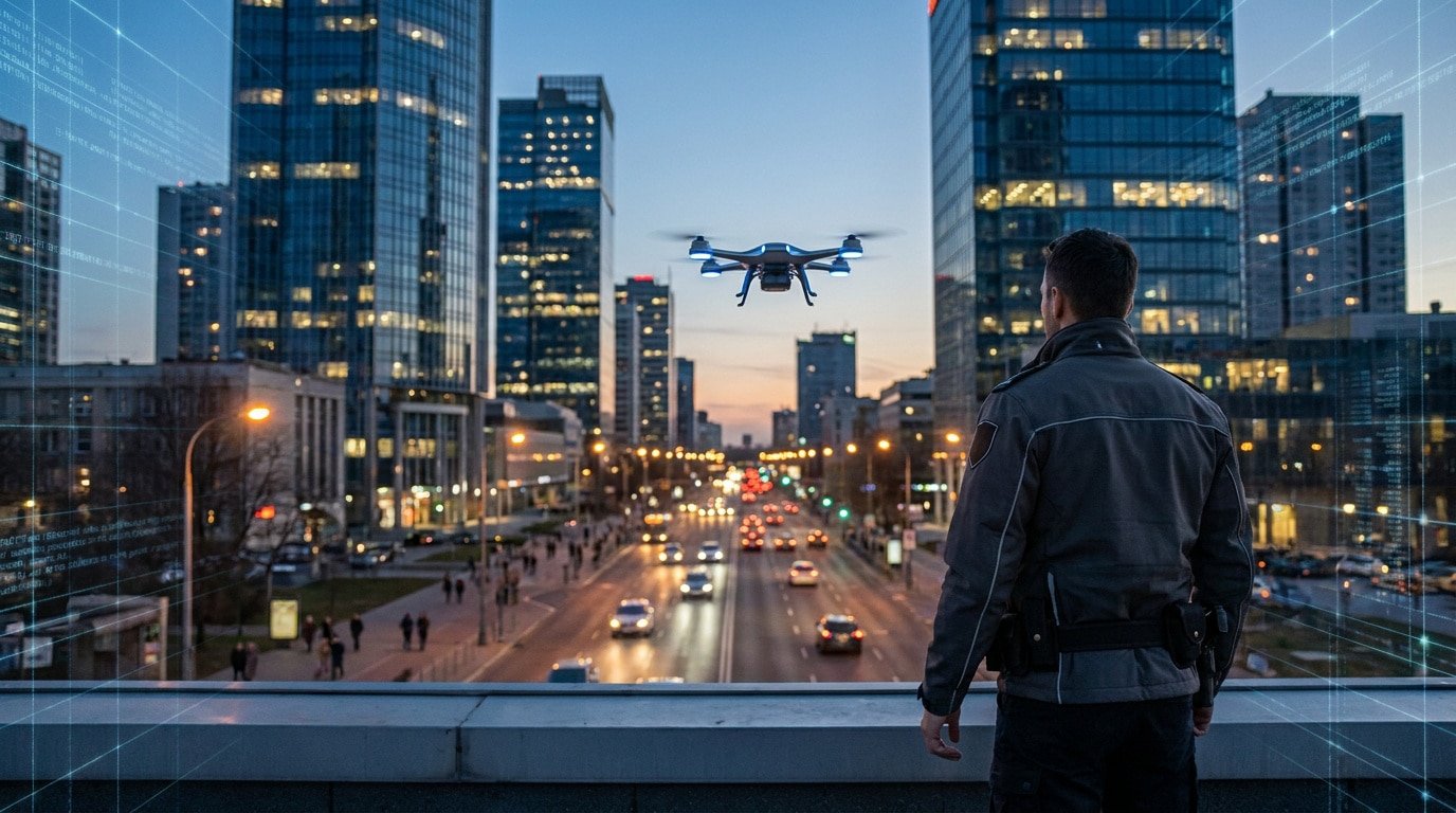 Agent de police surveillant une rue animée avec un drone technologique au coucher du soleil.