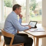 Un homme d'âge mûr travaille sur une tablette dans un bureau lumineux en janvier 2027.