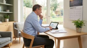 Un homme d'âge mûr travaille sur une tablette dans un bureau lumineux en janvier 2027.