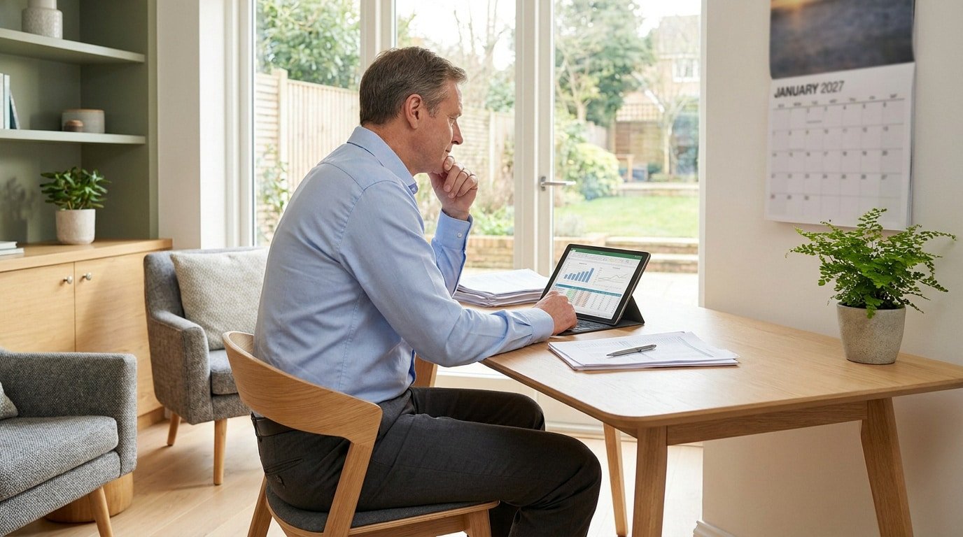 Un homme d'âge mûr travaille sur une tablette dans un bureau lumineux en janvier 2027.