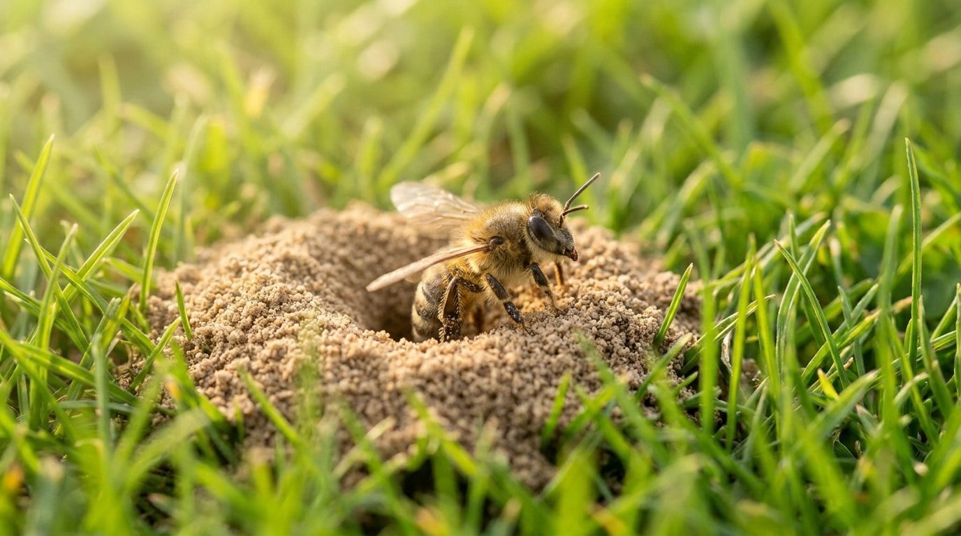 Une abeille solitaire sortant d'un petit trou entouré de terre au milieu d'une pelouse verte et ensoleillée.