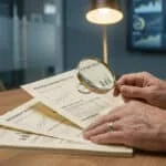 Une personne examine des documents de réforme des retraites et des graphiques financiers avec une loupe.