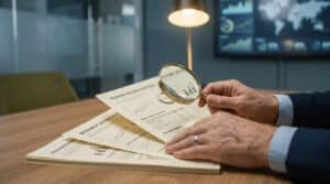 Une personne examine des documents de réforme des retraites et des graphiques financiers avec une loupe.