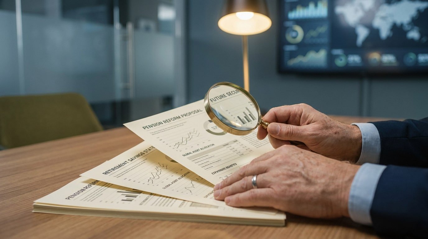 Une personne examine des documents de réforme des retraites et des graphiques financiers avec une loupe.