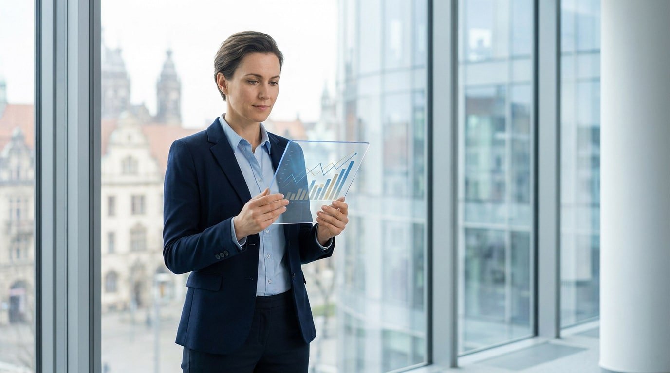 Une femme d'affaires examinant un écran holographique avec des graphiques de croissance devant une fenêtre de bureau.