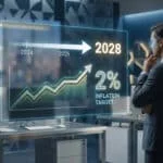 Un analyste financier observant un écran holographique montrant des projections d'inflation vers 2028.