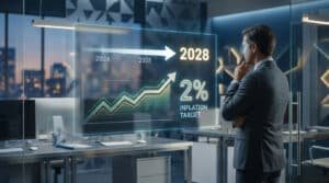 Un analyste financier observant un écran holographique montrant des projections d'inflation vers 2028.