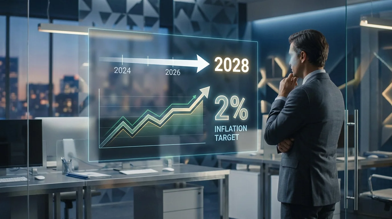 Un analyste financier observant un écran holographique montrant des projections d'inflation vers 2028.